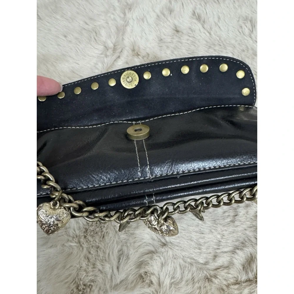 Kathy Van Zeeland Clutch Black Studded Chain Charms Trinket Metal Strap Moto